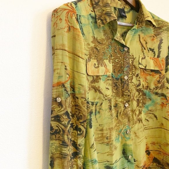 New Directions Sheer Button Front Floral Blouse - Picture 2 of 6